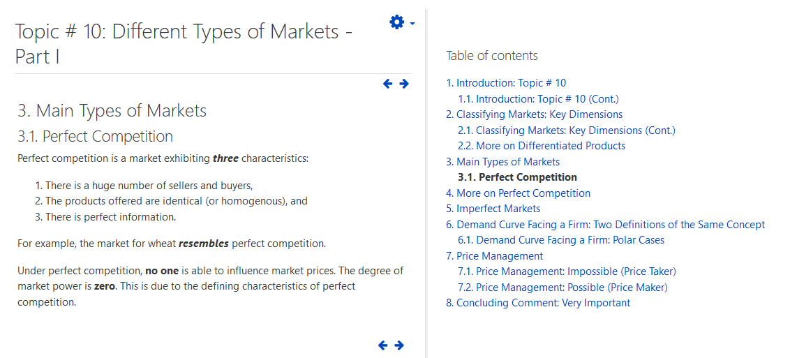 Screenshot of a page of content in a Moodle book and a Table of contents.